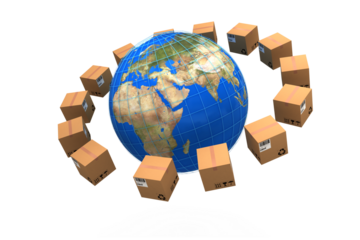 Globe amidst brown cardboard boxes