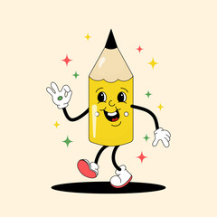 Comic flat yellow Pencil with face on decorated background. Vector cartoon stationery illustration in retro style. Square image of cute school supplies character with smile for poster or advertising