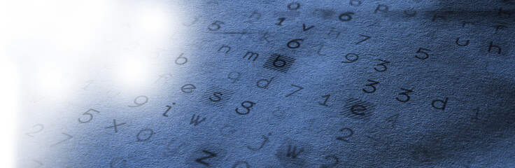 Panoramic shot of alphabets and numbers on blue screen
