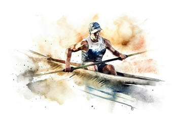 Rowing the sport or pastime of propelling a boat by means of oars.Rowing player in action during colorful paint splash, isolated on white background. AI generated illustration.
