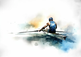 Rowing the sport or pastime of propelling a boat by means of oars.Rowing player in action during colorful paint splash, isolated on white background. AI generated illustration.