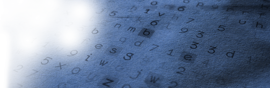 Panoramic shot of alphabets and numbers on blue screen