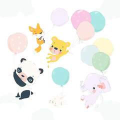 Cartoon Happy Animals flying with Balloons in the Sky. Vector Illustration