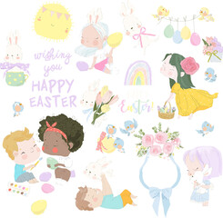 Vector Easter Set with Cute Children, Easter Eggs and Rabbits