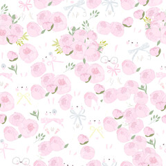 Vector Seamless Pattern with Cute Rabbits and Pink Flower on Gray Background