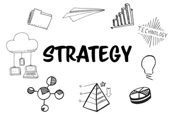 Strategy text surrounded by various vector icons