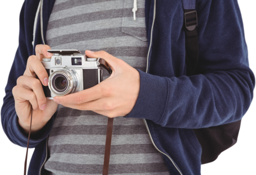 Mid section of man with camera