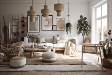 Scandi–Boho living room, light and expansive. Generative AI