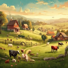  Rustic farm with barn and animals grazing