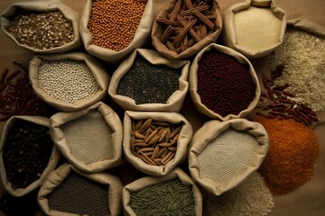 spices and herbs, top view, markets and kitchen. Generative AI