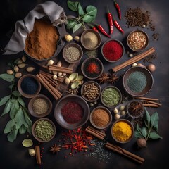 View of spices and grains for a kitchen, food, markets. Generative AI