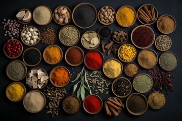 Spices and grains from the top, food, markets, cooking. Generative AI