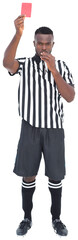 Full length portrait of referee holding red card