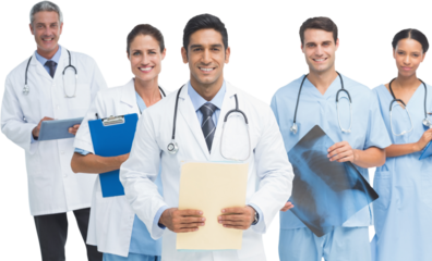 Portrait of male doctor with medical team