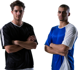 Portrait of rival football players standing