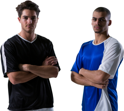 Portrait of rival football players standing