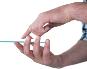 Man pretending to be using futuristic digital tablet