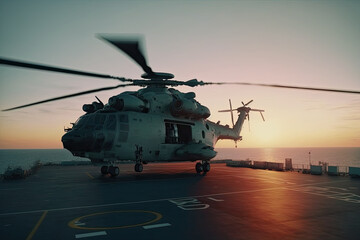 Fototapeta na wymiar Military helicopter on warship board at sunset. Navy helicopter on board the aircraft carrier in the sea. Created with Generative AI