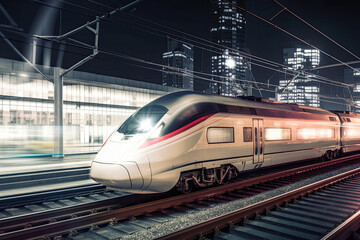 Naklejka premium Modern high speed train at night. Fast train in city with motion blur effect, Public transport. Railway transportation. Created with Generative AI