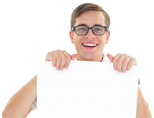 Geeky hipster smiling and showing card