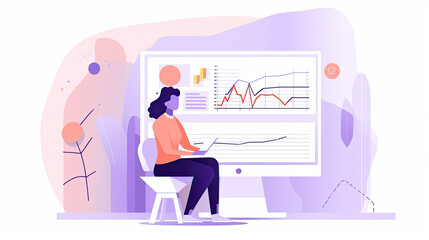 a woman in front of a computer with charts and data science representation in sorbet color pallet tones and in vector image style illustration - generative ai
