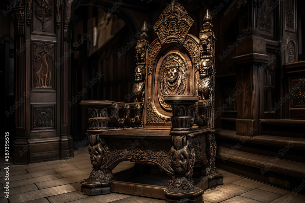 Wall mural Empty royal throne in dark castle hall. Fantasy medieval throne for king. Created with Generative AI