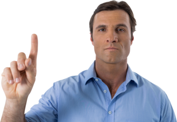 Male executive pressing an invisible virtual screen