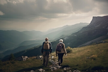 Fototapeta premium Senior couple hiking in mountains. Elderly tourists with bikepacks travelling outdoor. Active lifestyle in old age. Created with Generative AI