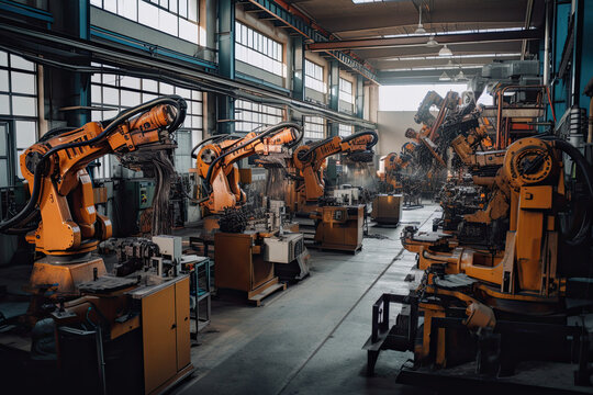 Robotic arms on the assembly line. Automated conveyor on factory. Created with Generative AI