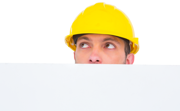 Handyman hidden behind blank board 
