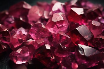  a pile of pink crystals sitting on top of a black table top next to each other on a black table top with a black background.  generative ai
