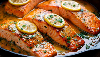 Fototapeta na wymiar Pan seared salmon steaks with herbs and lemon slices. Delicious home cooked meal nutritious whole food source of proteine and Omega 3 fatty acid