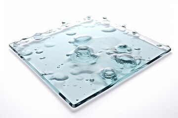  a square glass plate with water droplets on the bottom of it, on a white surface, with a white background, with room for text.  generative ai
