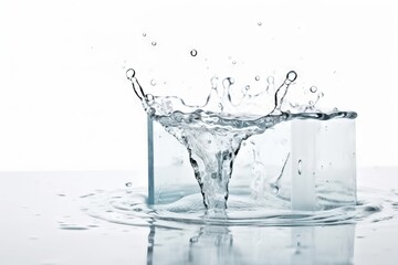  a glass of water with a splash of water on it's side and a block of ice cubes on the other side of the glass.  generative ai