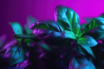  a close up of a green plant with purple flowers in the background and a purple wall in the backround of the picture,.  generative ai