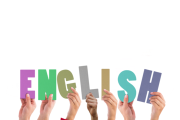 Cropped hands holding colorful word English