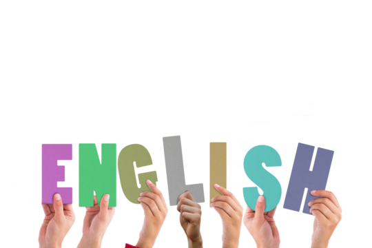 Cropped hands holding colorful word English