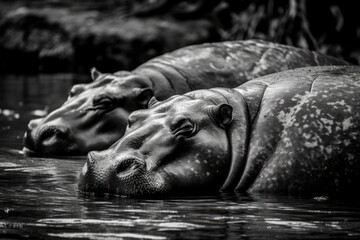 Fototapeta na wymiar Black and white image of a sleeping hippos in the Masai Mara. Generative AI