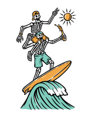 couple of skulls are surfing on the beach