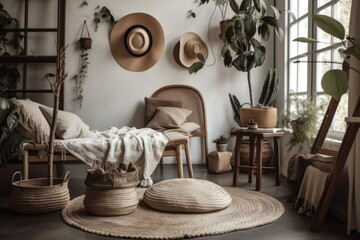 Peaceful boho room with warm interior, wicker chair, pillows, cushions, green plants in flower pot, bed, and brimmed hats on white brick wall. Generative AI