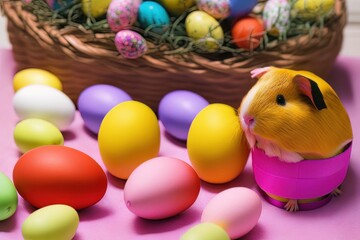 Fototapeta na wymiar Easter guinea pig in a colorful meadow
