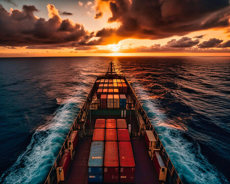 Ein Container-Schiff f&auml;hrt dem Sonnenuntergang auf dem Meer entgegen