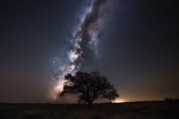 Fototapeta na wymiar a tree in a field with a sky full of stars in the background and a tree in the foreground with the milky in the background. generative ai