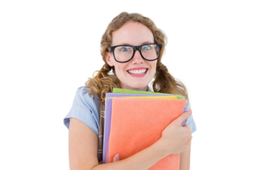 Geeky hipster woman holding files