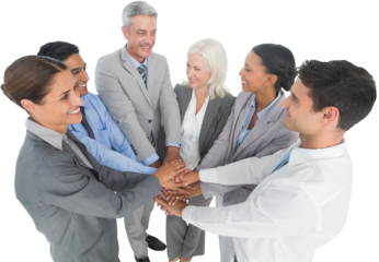 Executives holding hands together in office