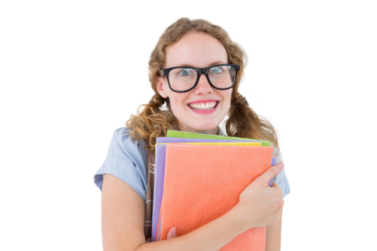 Geeky hipster woman holding files  - Powered by Adobe