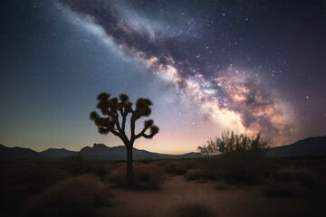 Fototapeta na wymiar a joshua tree in the middle of a desert at night with the milky in the background and stars in the night sky above the desert. generative ai