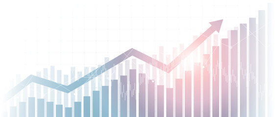 Widescreen financial chart with moving up arrow line graph and glowing light on white color background