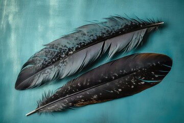  two black feathers on a blue surface with a white spot in the middle of the feather and a black one on the left side of the feathers.  generative ai