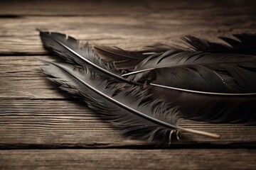  two black feathers on a wooden table with a blurry back drop of light from the top of the feather, and a few other feathers on the table.  generative ai
